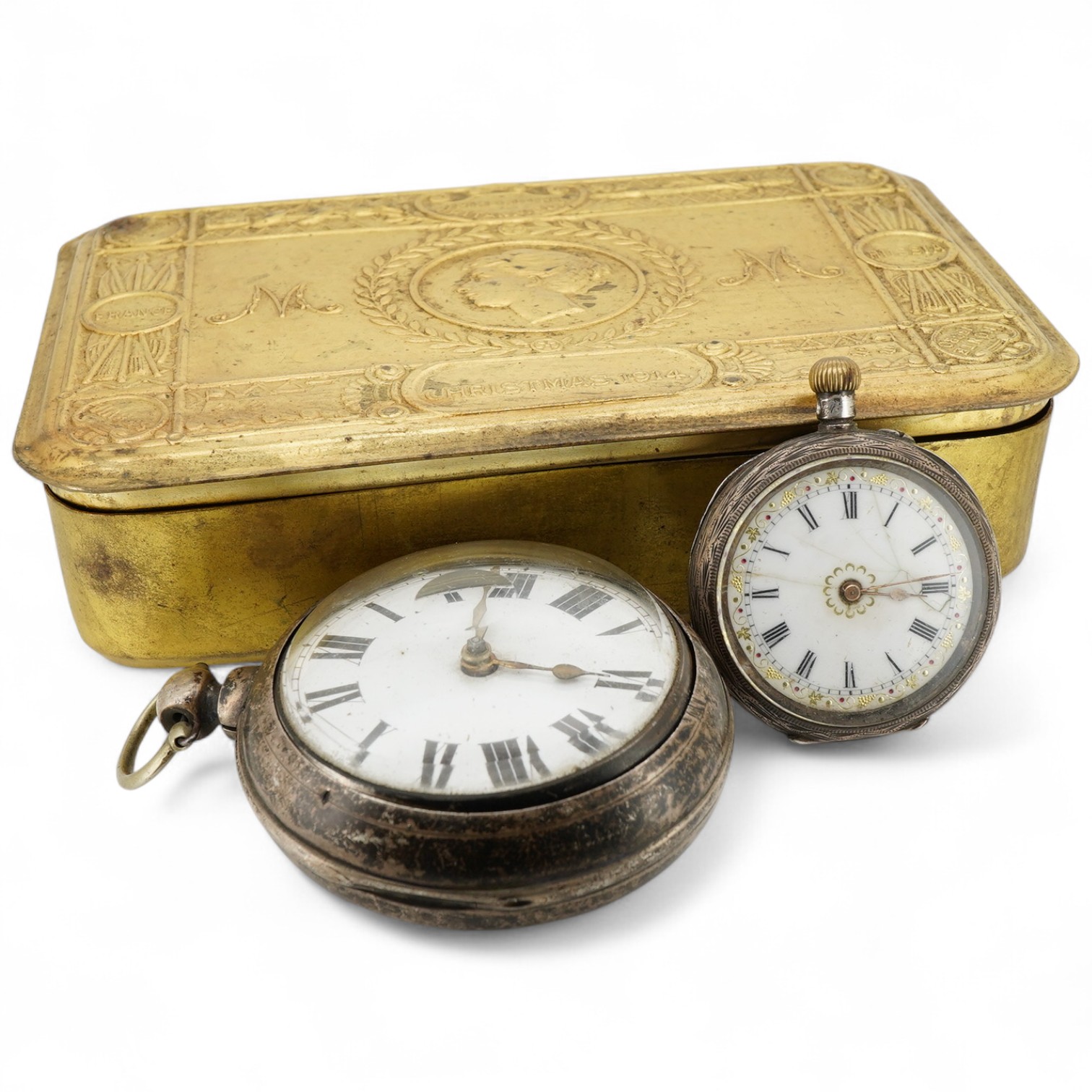 Two silver pocket watches and a 1914 Queen Mary Christmas box, comprising: a case silver pocket watch, London hallmarks, date letter for 1873; and an open-faced silver pocket watch, Swiss assay marks for silver; in a gil